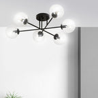 Plafondlamp staal en glas Brendi zwart met transparante glazen kappen, 6 lichtpunten, 75 x 26 cm