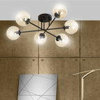 Plafondlamp gepoedercoat staal en glas Brendi, zwart met amberkleurige glazen kappen, 6 lichts, 75 cm breed