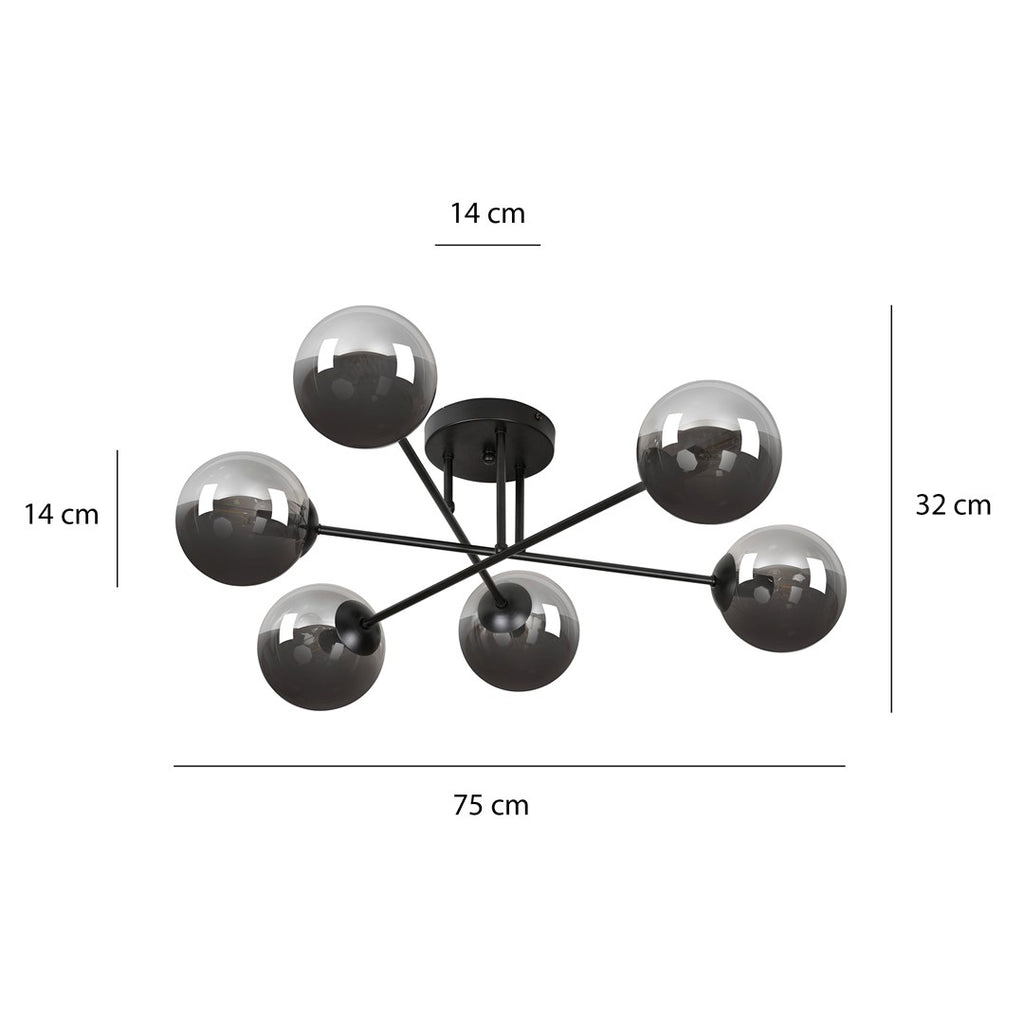 Plafondlamp gepoedercoat staal en glas Brendi, zwart met grafiet glazen kappen, 6 lichts, 93 cm breed