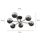 Plafondlamp gepoedercoat staal en glas Brendi, zwart met grafiet glazen kappen, 6 lichts, 93 cm breed