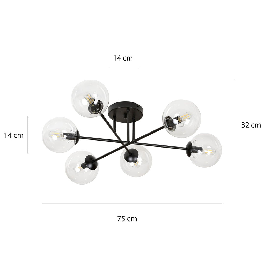 Plafondlamp staal en glas Brendi zwart met transparante glazen kappen, 6 lichtpunten, 75 x 26 cm