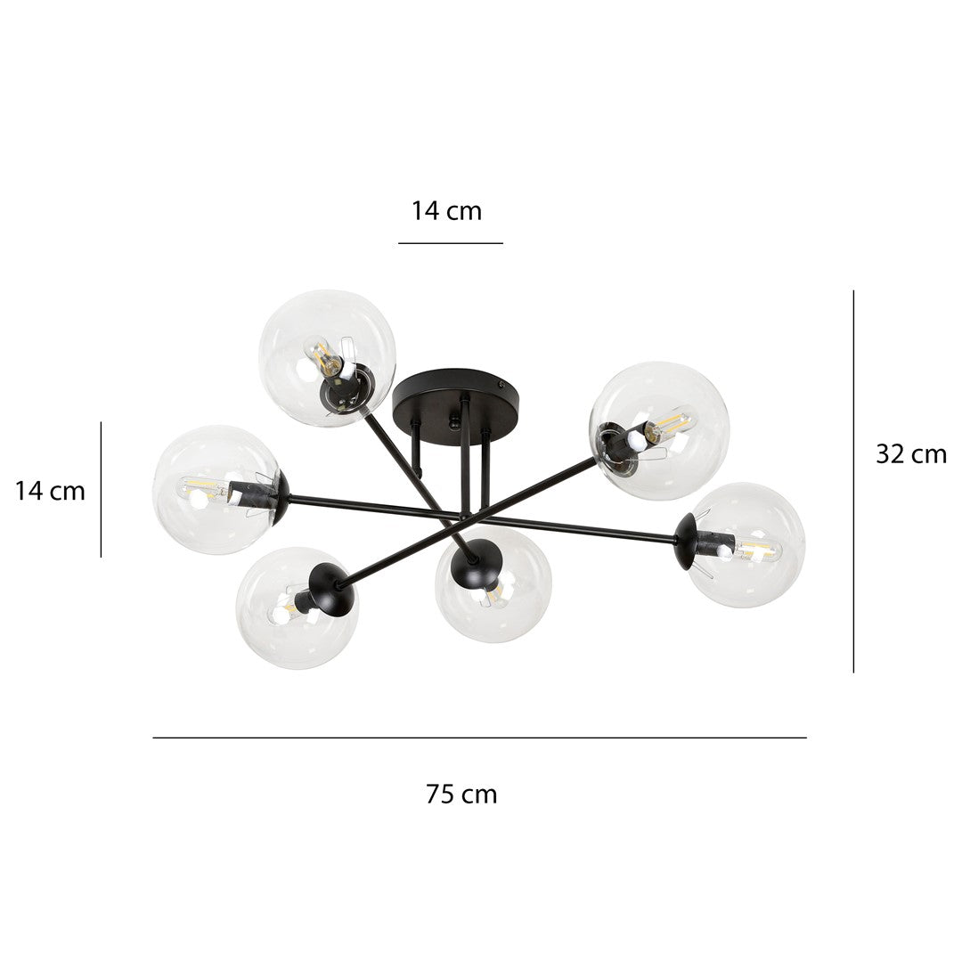 Plafondlamp staal en glas Brendi zwart met transparante glazen kappen, 6 lichtpunten, 75 x 26 cm