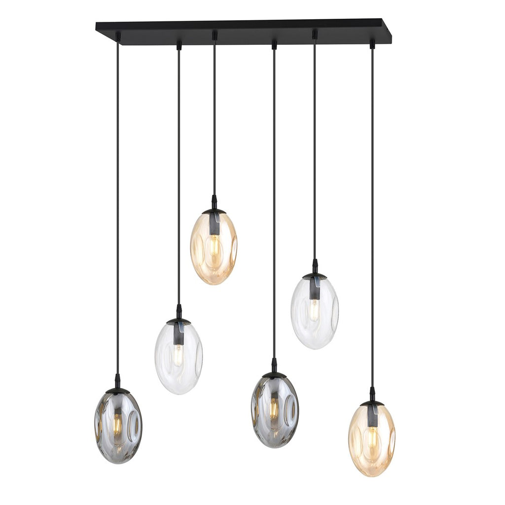 Zwarte plafondlamp met zes hangende glazen kappen in grafiet, transparant en amber