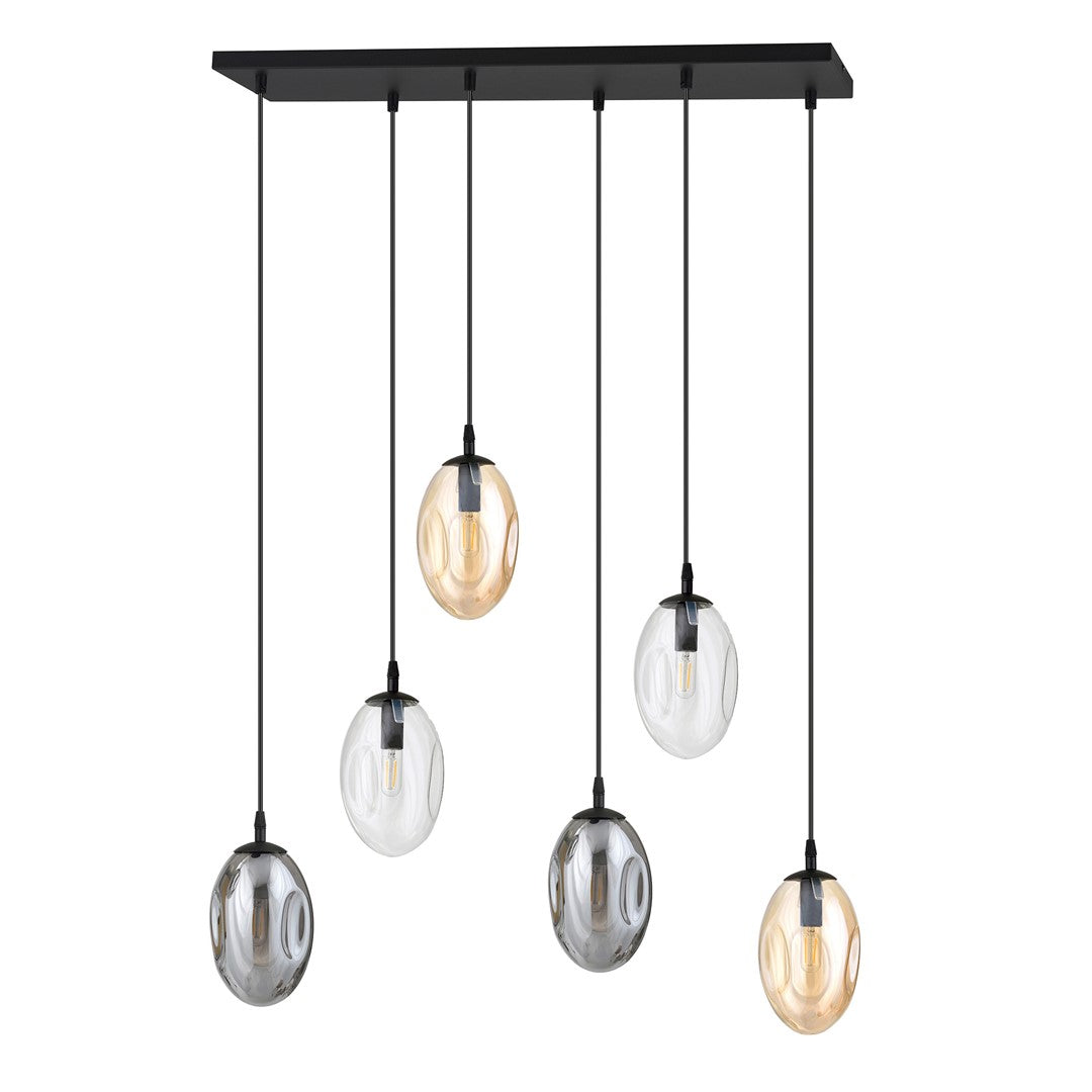 Plafondlamp 6 lichts gepoedercoat staal en glas, Astral, modern, zwart met grafiet, transparant en amber kappen