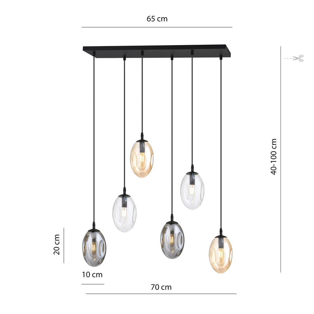 Plafondlamp 6 lichts gepoedercoat staal en glas, Astral, modern, zwart met grafiet, transparant en amber kappen