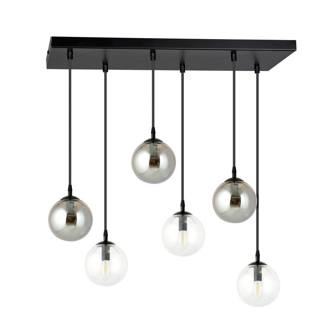 Hanglamp gepoedercoat staal en glas, Cosmo, zwart met transparant en grafiet glas, 6 lichts, E14, 65 x 120 cm