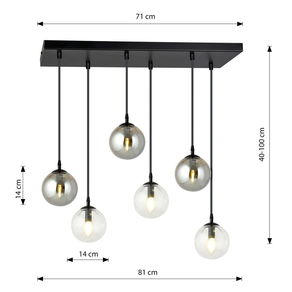 Hanglamp gepoedercoat staal en glas, Cosmo, zwart met transparant en grafiet glas, 6 lichts, E14, 65 x 120 cm