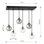 Hanglamp gepoedercoat staal en glas, Cosmo, zwart met transparant en grafiet glas, 6 lichts, E14, 65 x 120 cm