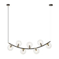 Gebogen zwarte hanglamp met zeven transparante glazen bollen en goudkleurige details