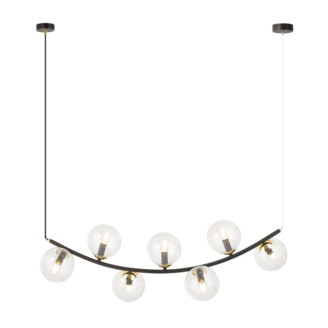 Gebogen zwarte hanglamp met zeven transparante glazen bollen en goudkleurige details