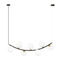 Zwarte hanglamp met gebogen stalen frame, gouden details en zeven witte glazen bolkappen