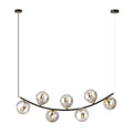 Zwarte hanglamp met gebogen frame en zeven grafietkleurige glazen bollen als lichtpunten