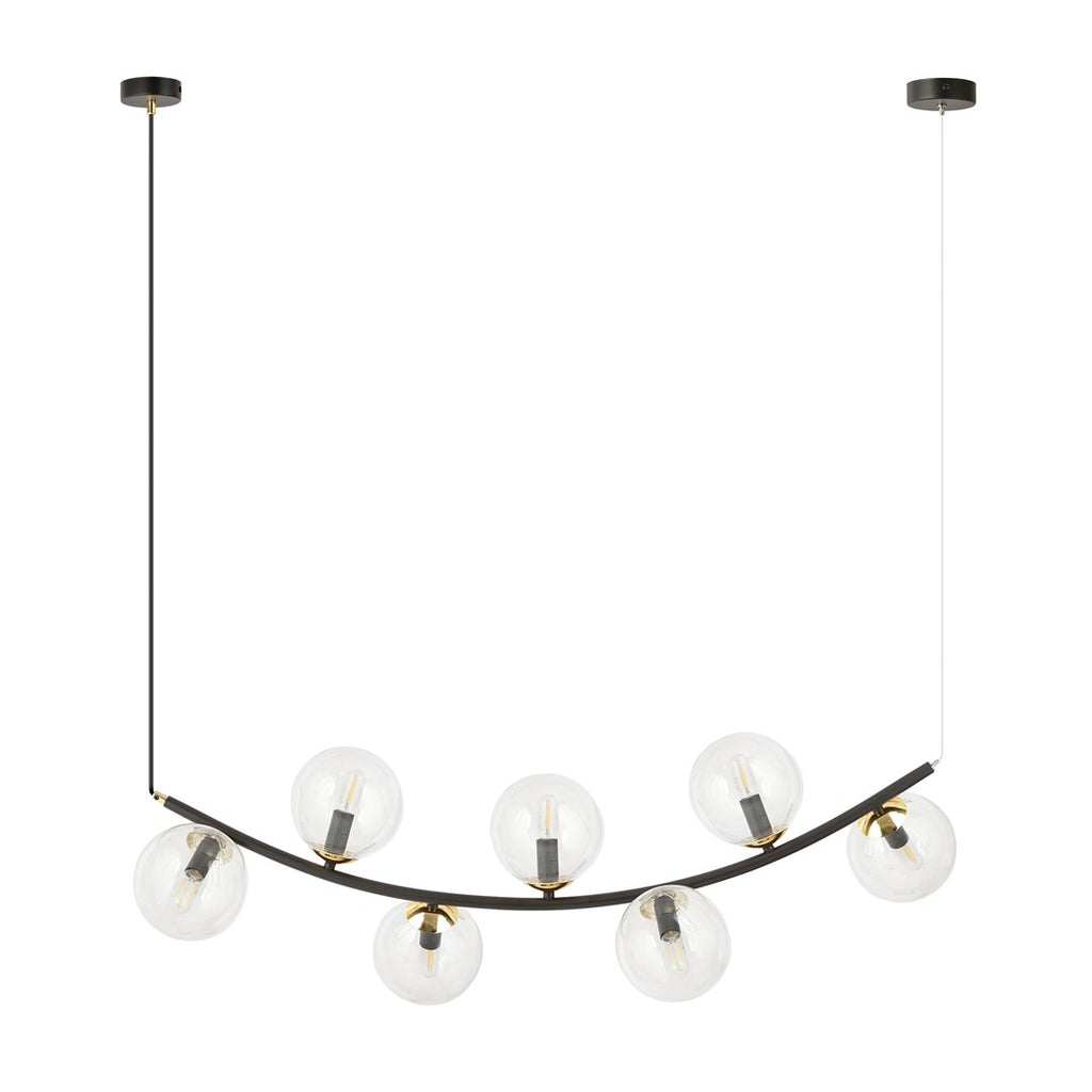Hanglamp gepoedercoat staal Ritz retro, zwart met goudkleurige accenten, transparant glas, 7 lichtpunten, 95 x 100 cm