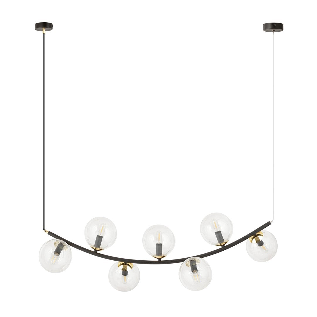 Hanglamp gepoedercoat staal Ritz retro, zwart met goudkleurige accenten, transparant glas, 7 lichtpunten, 95 x 100 cm