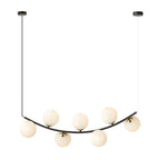 Hanglamp gepoedercoat staal retro Ritz zwart met goud, 7 witte glazen kappen, 95 x 100 cm voor eettafel