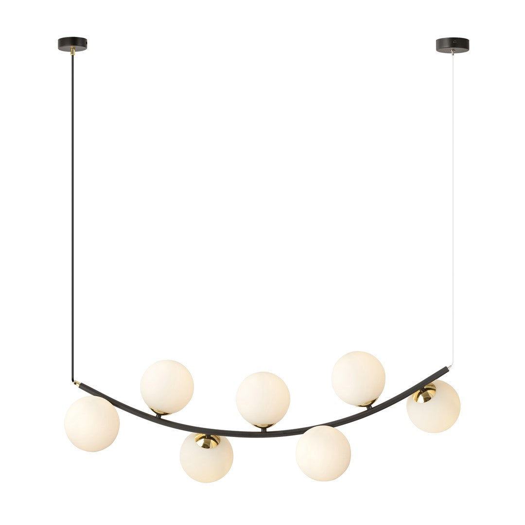 Hanglamp gepoedercoat staal retro Ritz zwart met goud, 7 witte glazen kappen, 95 x 100 cm voor eettafel