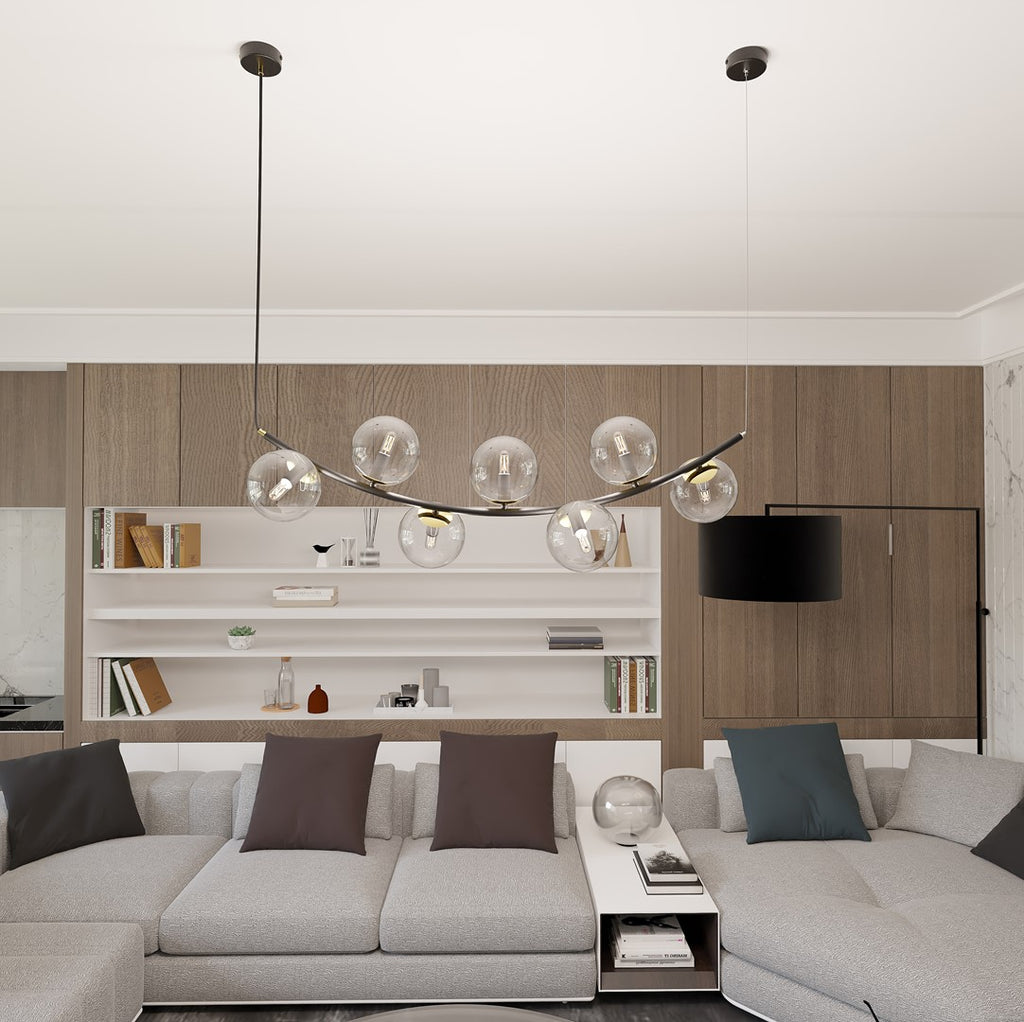 Hanglamp gepoedercoat staal Ritz retro, zwart met goudkleurige accenten, transparant glas, 7 lichtpunten, 95 x 100 cm