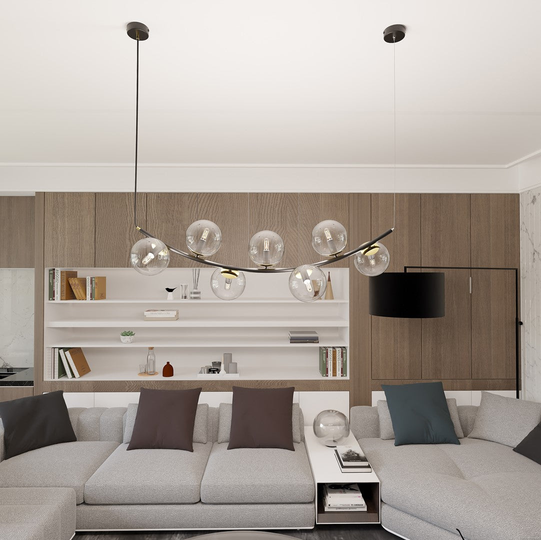 Hanglamp gepoedercoat staal Ritz retro, zwart met goudkleurige accenten, transparant glas, 7 lichtpunten, 95 x 100 cm