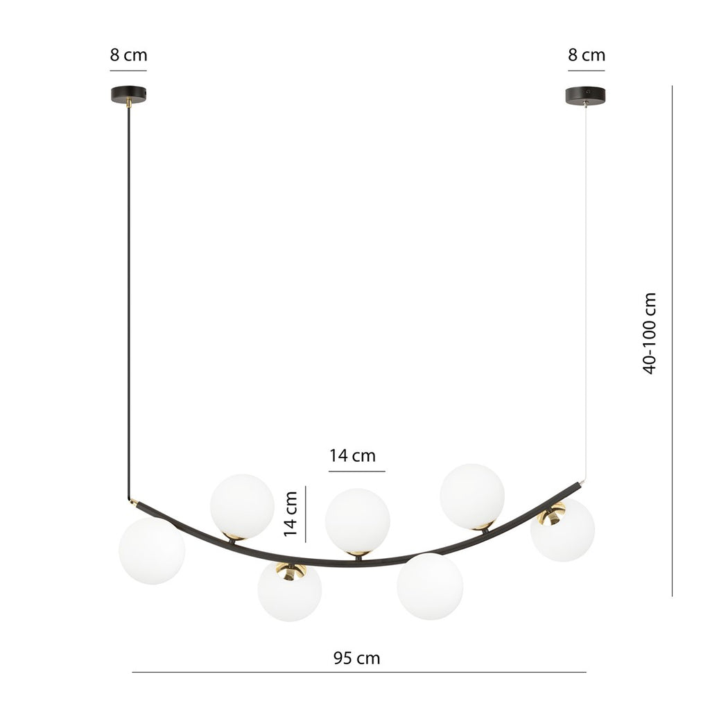 Hanglamp gepoedercoat staal retro Ritz zwart met goud, 7 witte glazen kappen, 95 x 100 cm voor eettafel