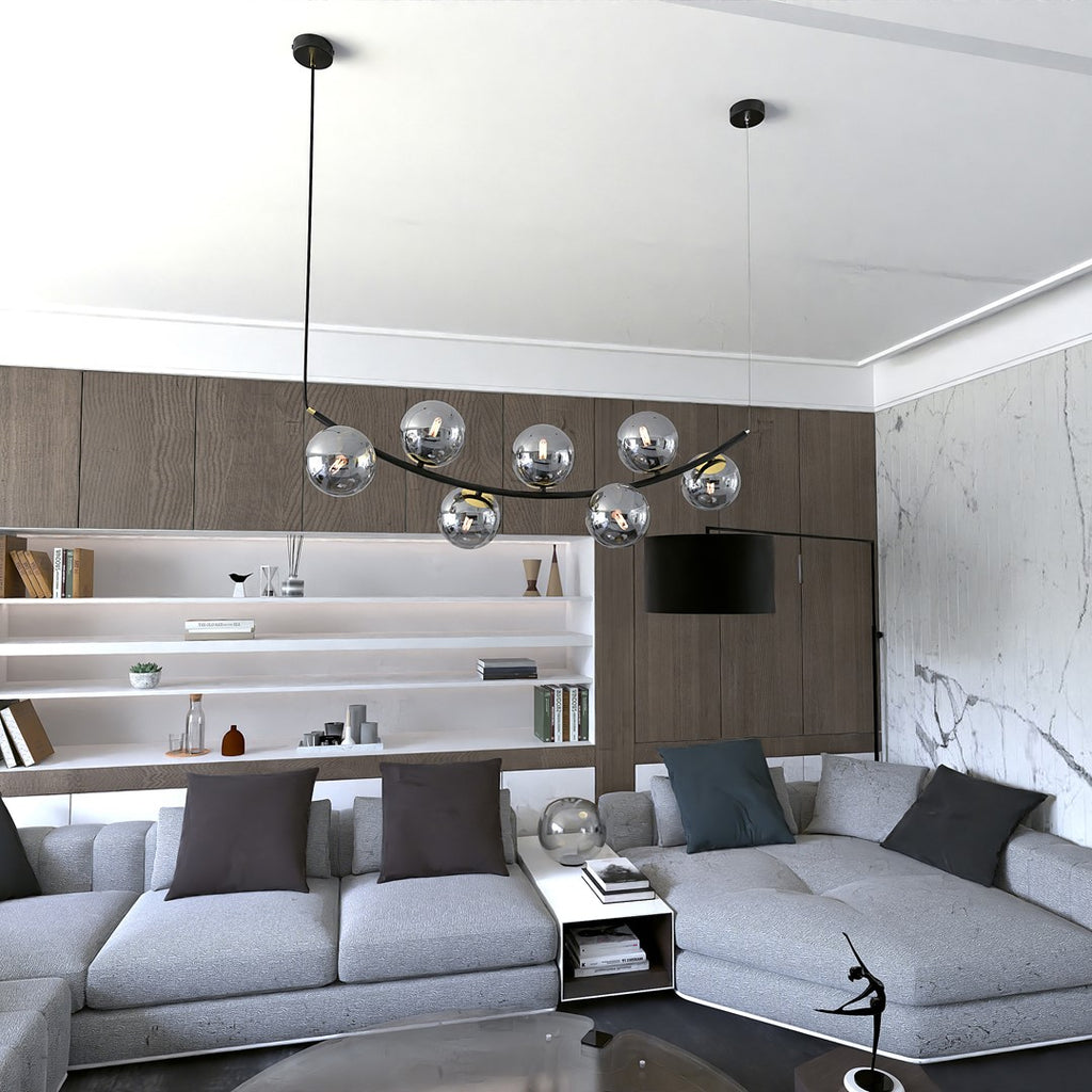 Hanglamp Ritz gepoedercoat staal en glas, retro, zwart met grafiet glazen kappen, 7 lichtpunten, 95 x 100 cm