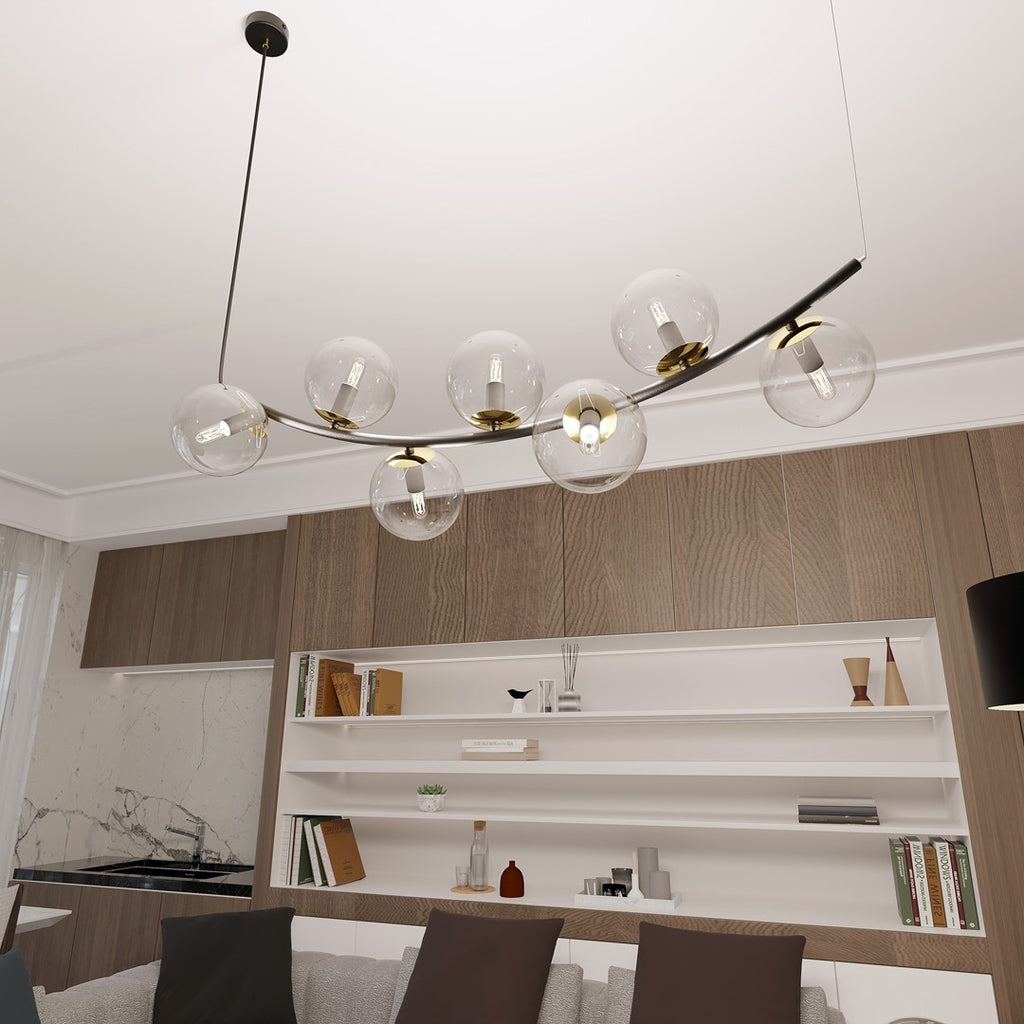 Hanglamp gepoedercoat staal Ritz retro, zwart met goudkleurige accenten, transparant glas, 7 lichtpunten, 95 x 100 cm