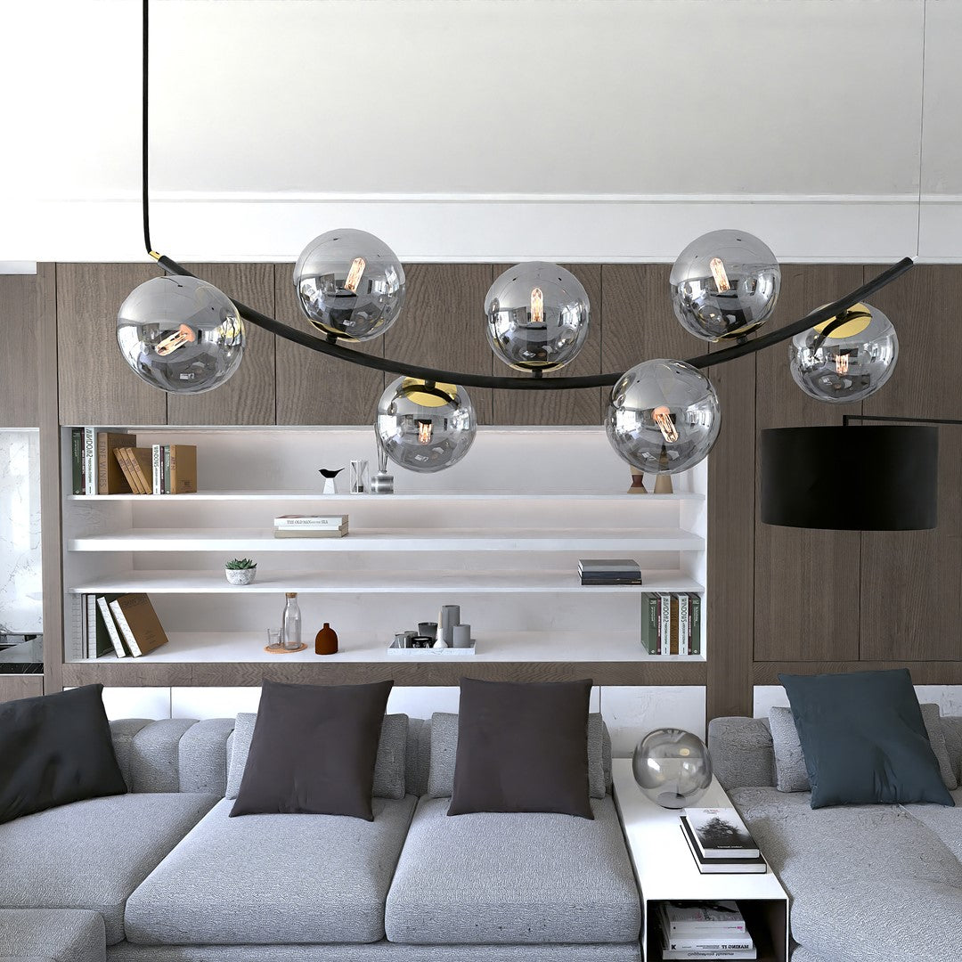 Hanglamp Ritz gepoedercoat staal en glas, retro, zwart met grafiet glazen kappen, 7 lichtpunten, 95 x 100 cm