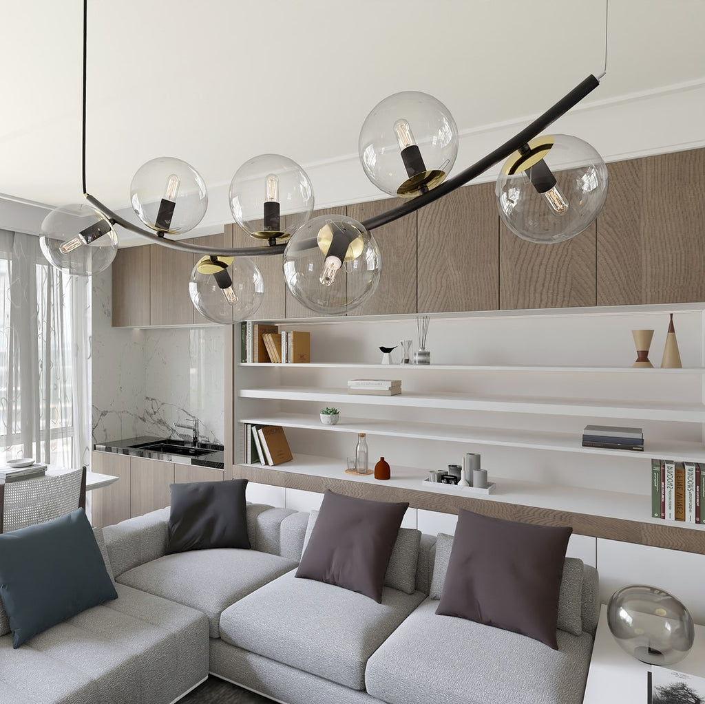 Hanglamp gepoedercoat staal Ritz retro, zwart met goudkleurige accenten, transparant glas, 7 lichtpunten, 95 x 100 cm