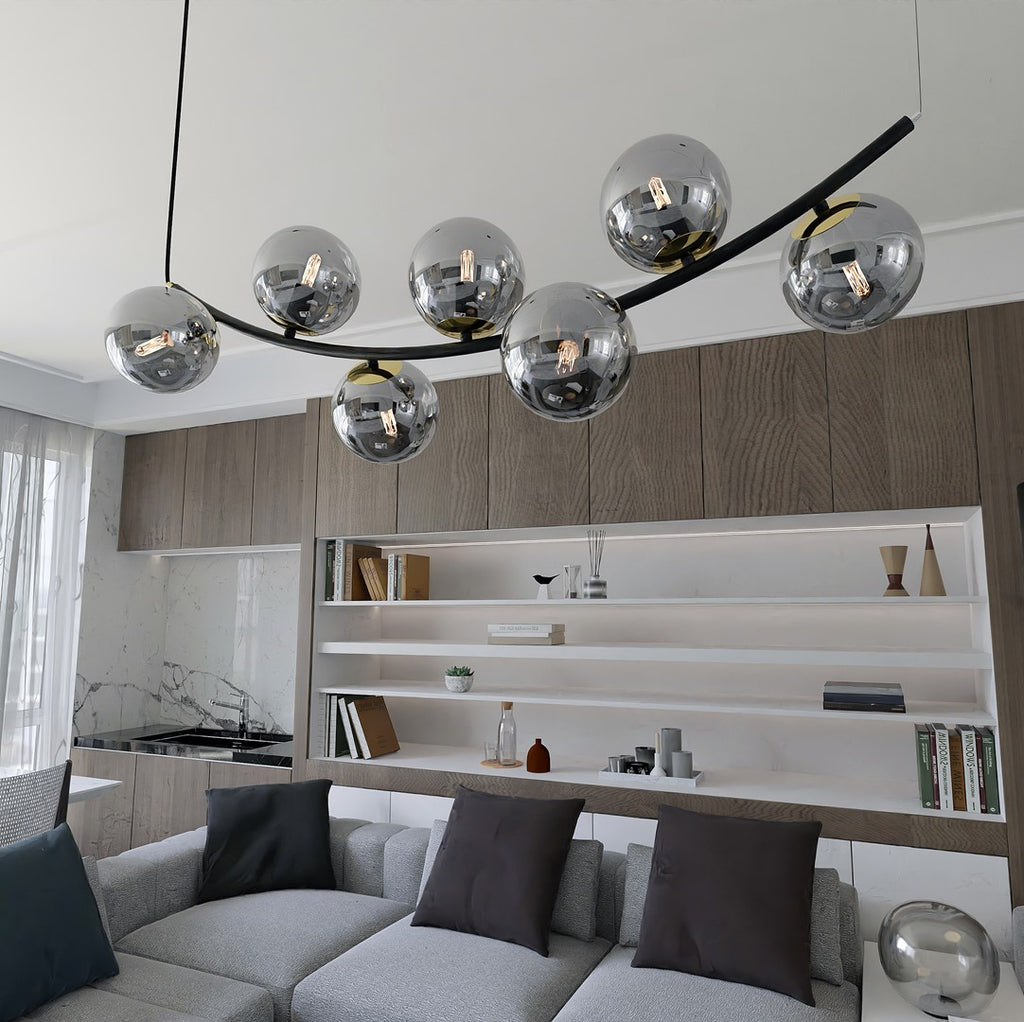 Hanglamp Ritz gepoedercoat staal en glas, retro, zwart met grafiet glazen kappen, 7 lichtpunten, 95 x 100 cm
