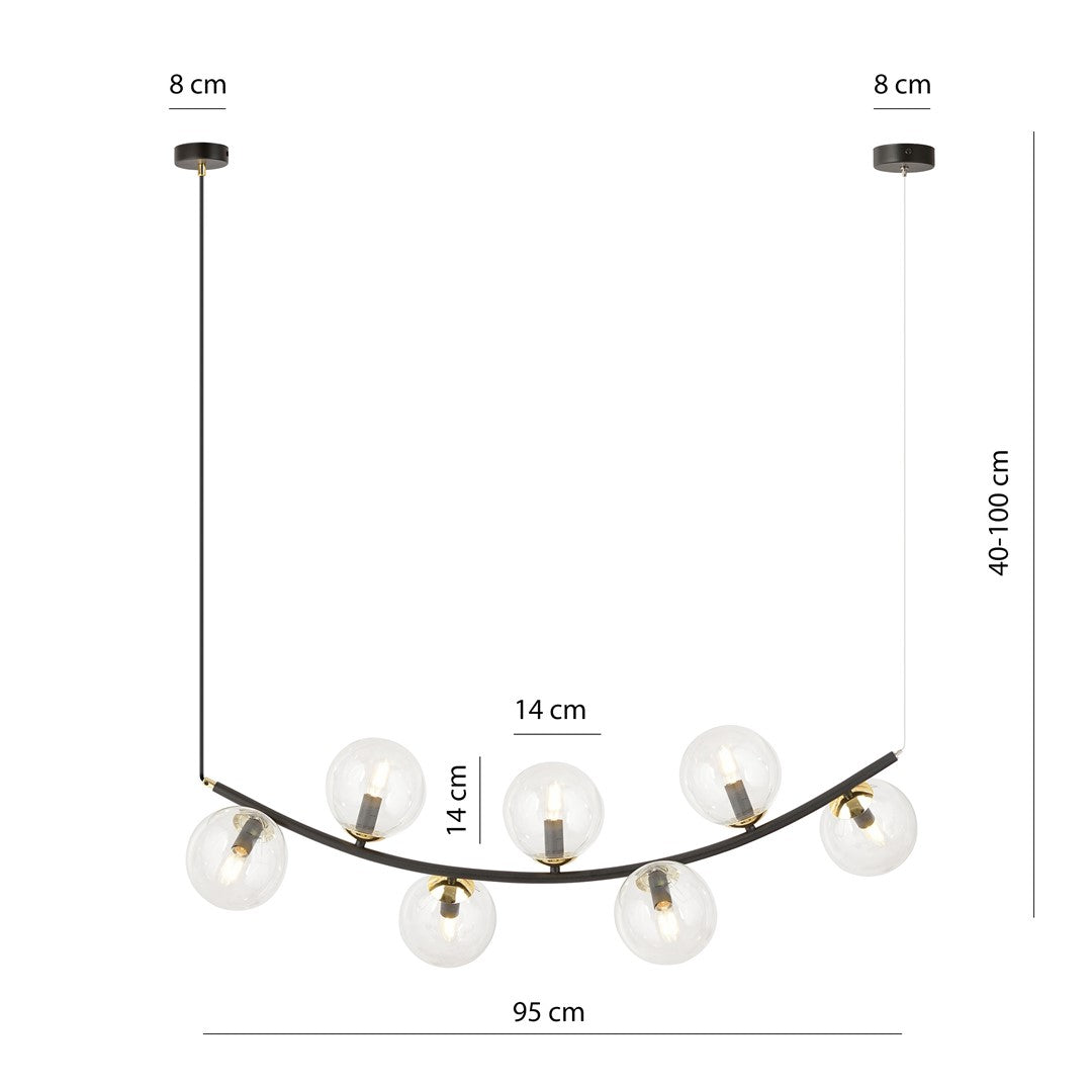 Hanglamp gepoedercoat staal Ritz retro, zwart met goudkleurige accenten, transparant glas, 7 lichtpunten, 95 x 100 cm