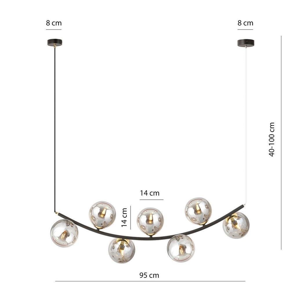 Hanglamp Ritz gepoedercoat staal en glas, retro, zwart met grafiet glazen kappen, 7 lichtpunten, 95 x 100 cm