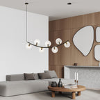 Hanglamp gepoedercoat staal Ritz retro, zwart met goudkleurige accenten, transparant glas, 7 lichtpunten, 95 x 100 cm