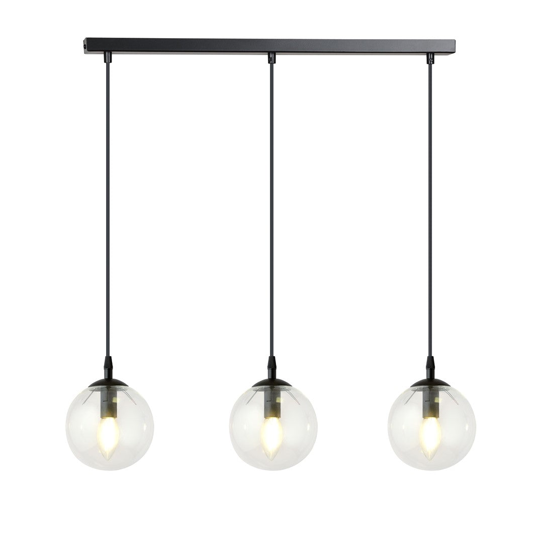 Hanglamp 3 lichtpunten gepoedercoat staal en glas, modern, zwart met transparante kappen, 70 x 100 cm
