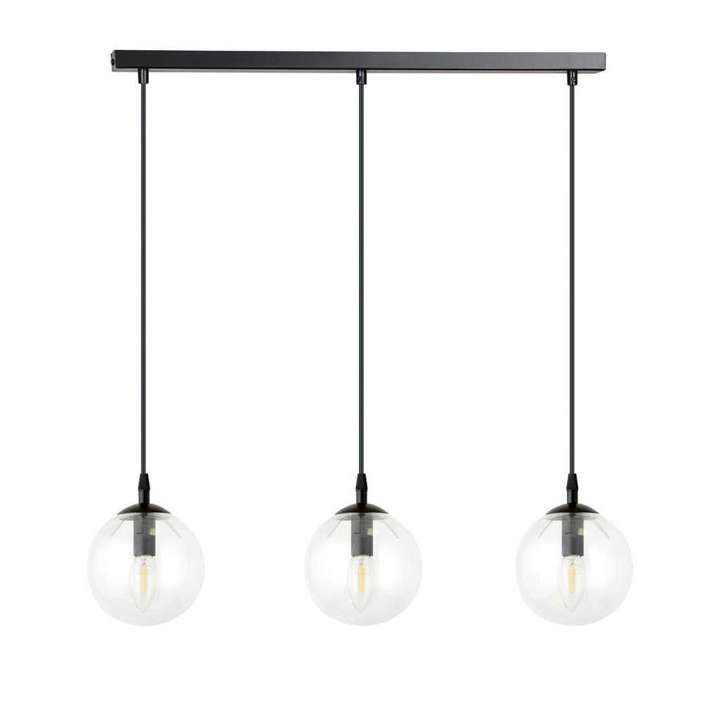 Hanglamp 3 lichtpunten gepoedercoat staal en glas, modern, zwart met transparante kappen, 70 x 100 cm