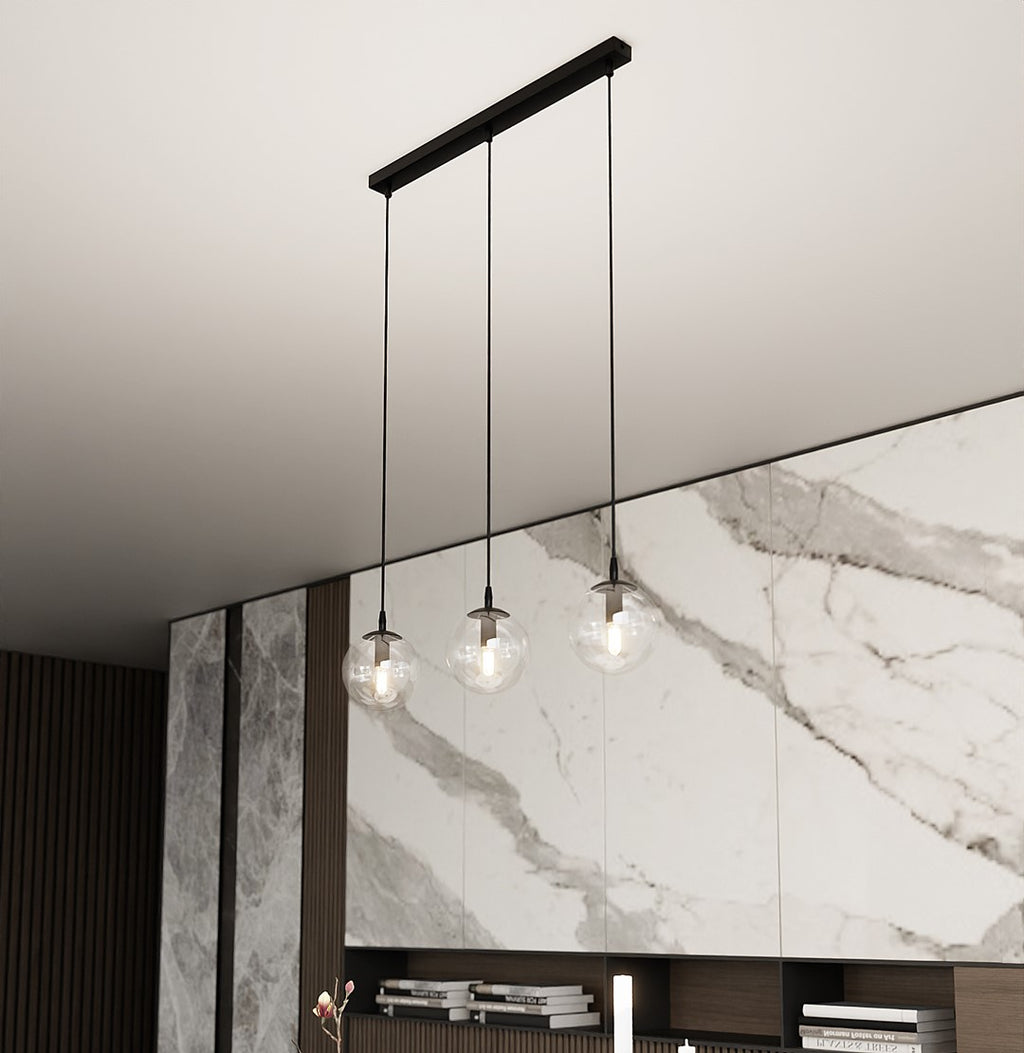 Hanglamp 3 lichtpunten gepoedercoat staal en glas, modern, zwart met transparante kappen, 70 x 100 cm