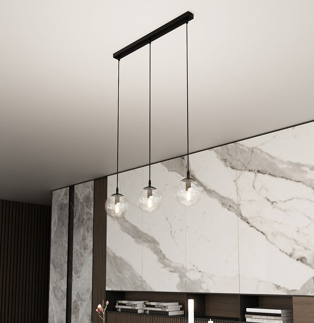 Hanglamp 3 lichtpunten gepoedercoat staal en glas, modern, zwart met transparante kappen, 70 x 100 cm