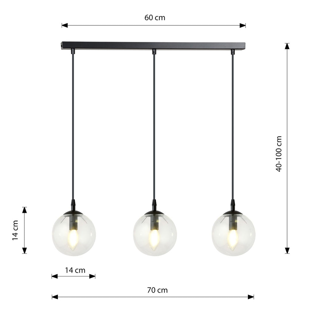 Hanglamp 3 lichtpunten gepoedercoat staal en glas, modern, zwart met transparante kappen, 70 x 100 cm