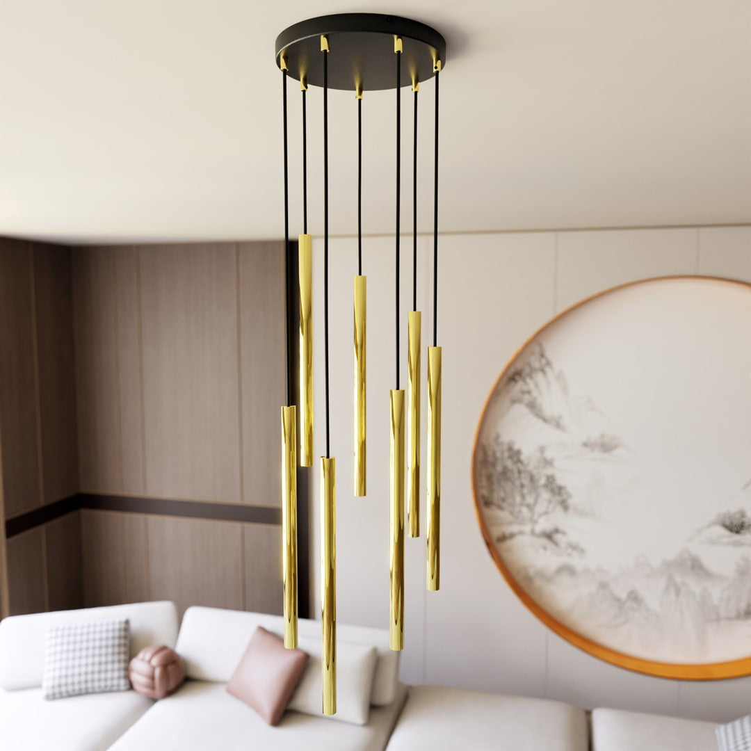 Hanglamp gepoedercoat staal Selter glamour, goud en zwart, 7 lichts, G9, Ø 40 cm canopy, verstelbaar