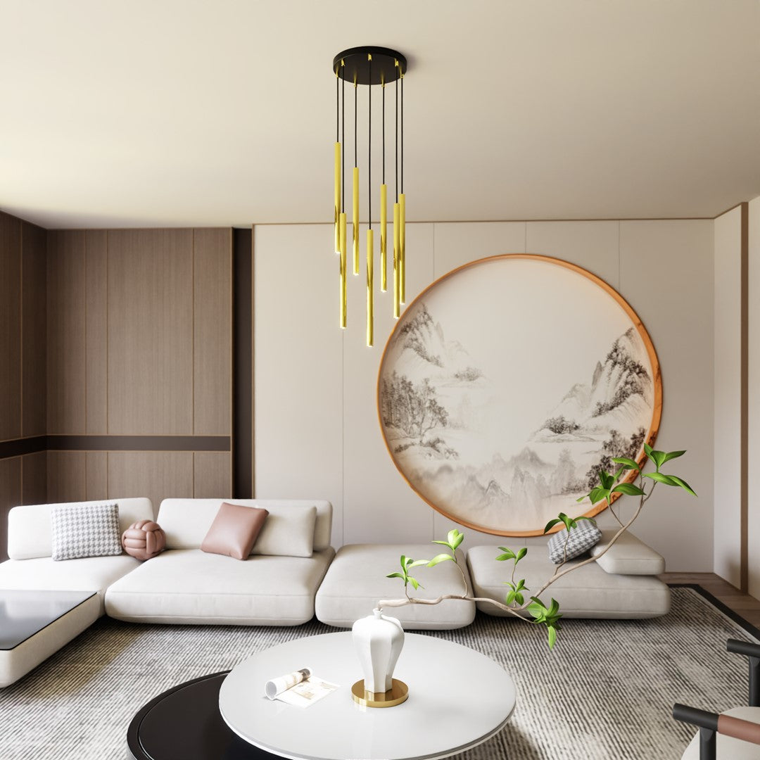Hanglamp gepoedercoat staal Selter glamour, goud en zwart, 7 lichts, G9, Ø 40 cm canopy, verstelbaar