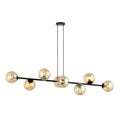 Zwarte hanglamp met horizontale arm en acht amberkleurige glazen bollen aan twee zwarte snoeren