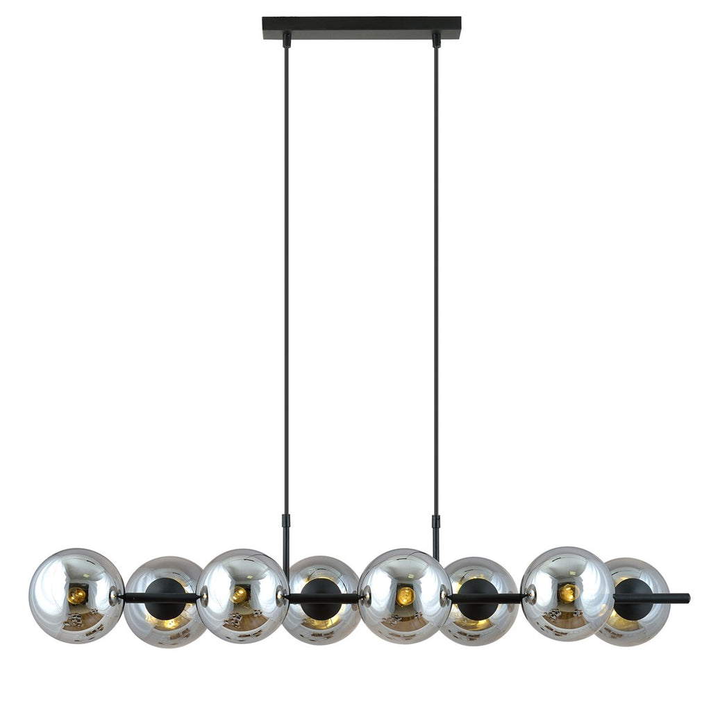 Zwarte hanglamp met acht grafietkleurige glazen bolkappen aan twee dunne stangen