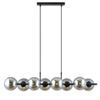 Zwarte hanglamp met acht grafietkleurige glazen bolkappen aan twee dunne stangen