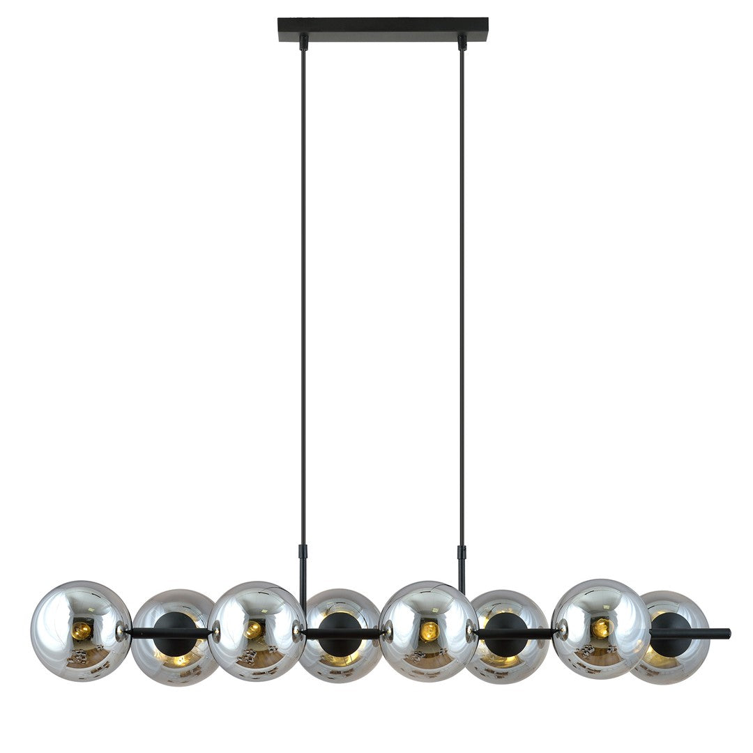 Zwarte hanglamp met acht grafietkleurige glazen bolkappen aan twee dunne stangen
