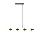 Zwarte hanglamp met acht witte glazen kappen op een lang stalen frame, opgehangen aan twee dunne staven