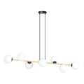 Langwerpige hanglamp met gouden balk, zwarte ophanging en 8 witte glazen bollen