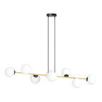 Langwerpige hanglamp met gouden balk, zwarte ophanging en 8 witte glazen bollen