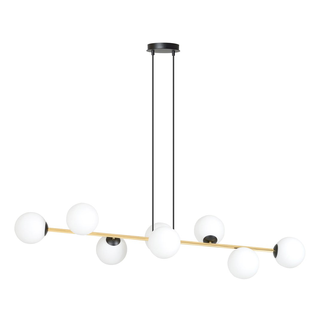Langwerpige hanglamp met gouden balk, zwarte ophanging en 8 witte glazen bollen