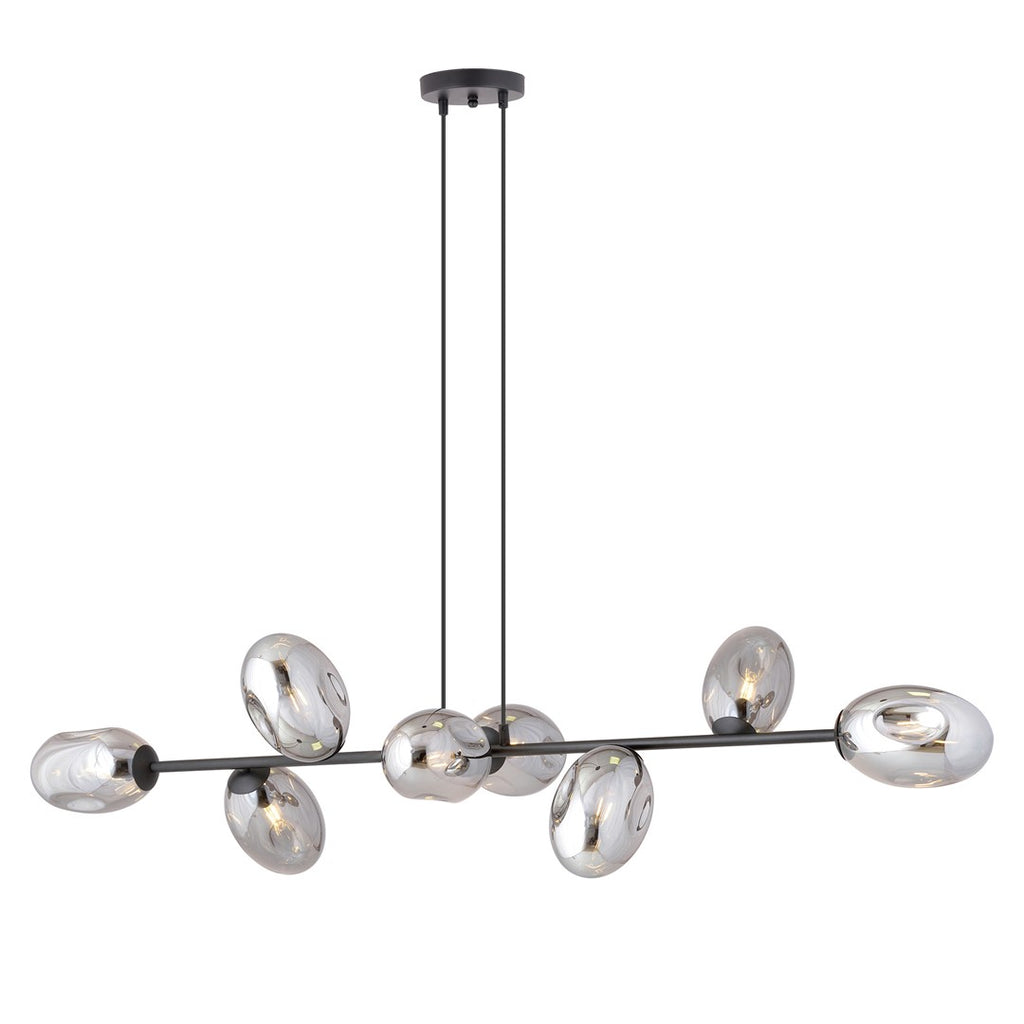 Zwarte hanglamp met horizontale balk en 8 grafietkleurige glazen kappen, opgehangen aan twee dunne stangen