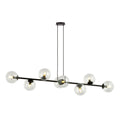 Zwarte hanglamp met horizontale balk en acht transparante glazen bollen aan twee kabels