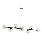 Zwarte hanglamp met horizontale balk en acht transparante glazen bollen aan twee kabels