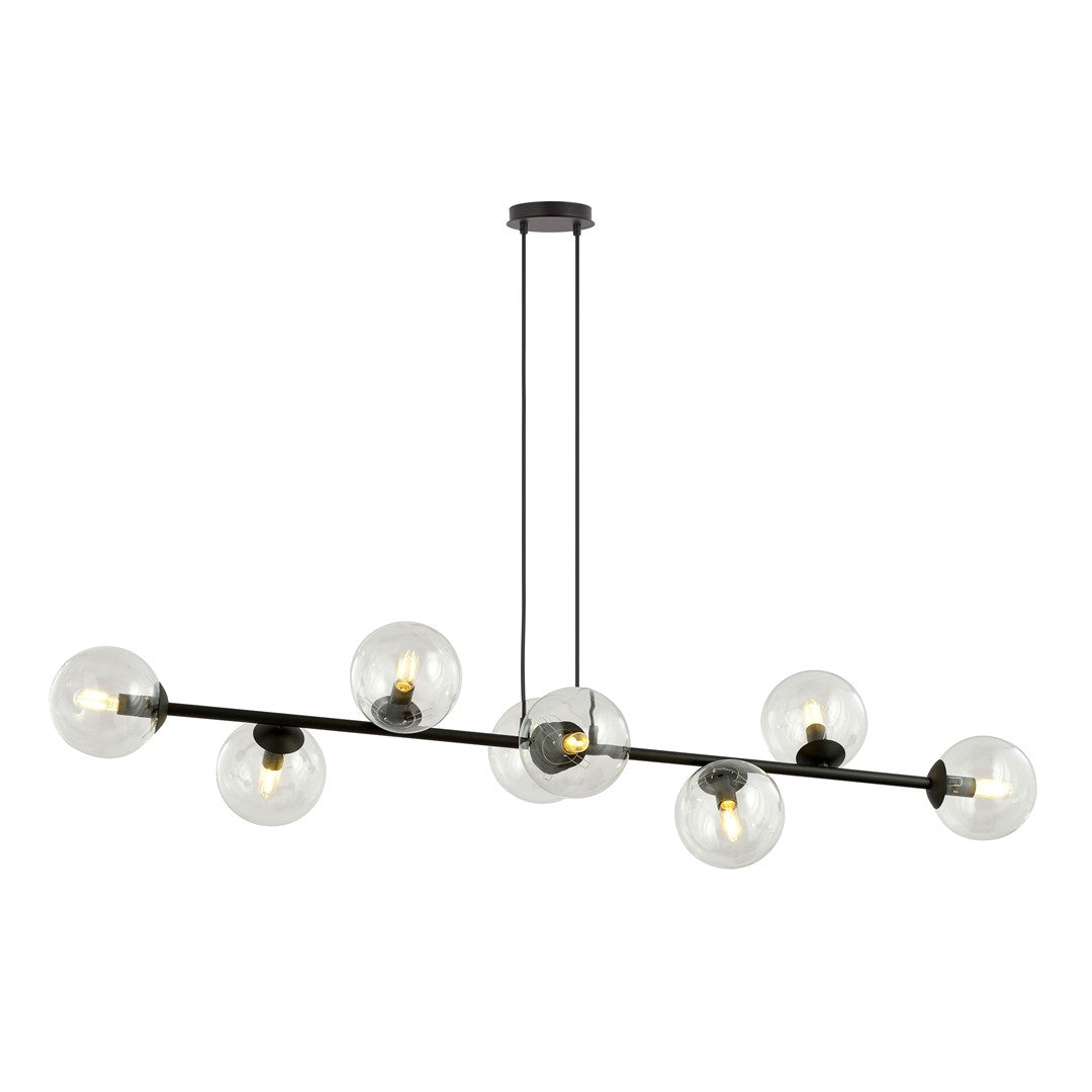 Zwarte hanglamp met horizontale balk en acht transparante glazen bollen aan twee kabels